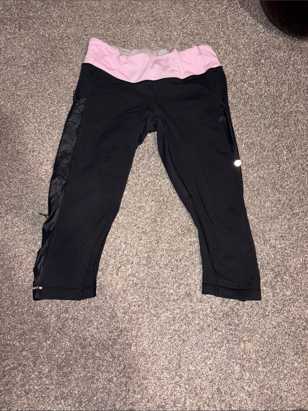 Lululemon Black Capri Leggings with Pink Fold-Over Waistband